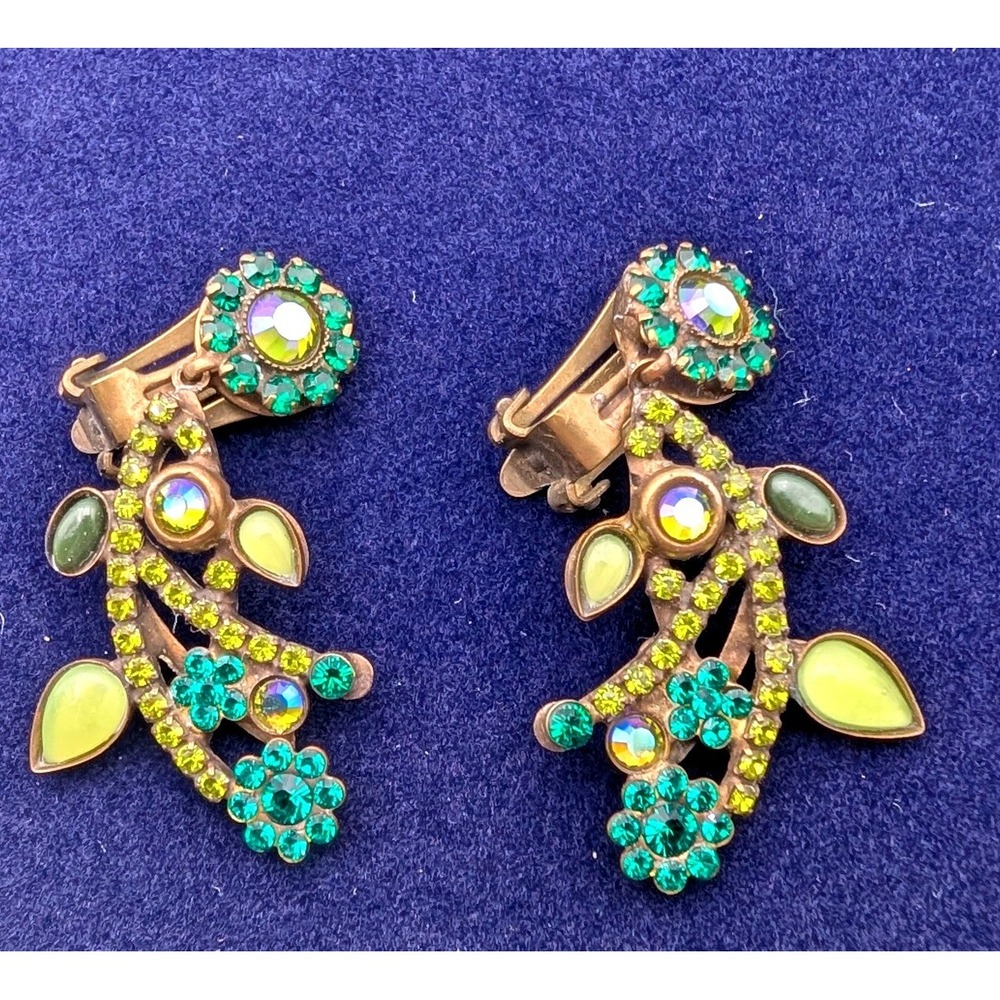 Sorrelli Green Yellow Crystal Floral Vine Clip On Earrings Antique Brass Tone
